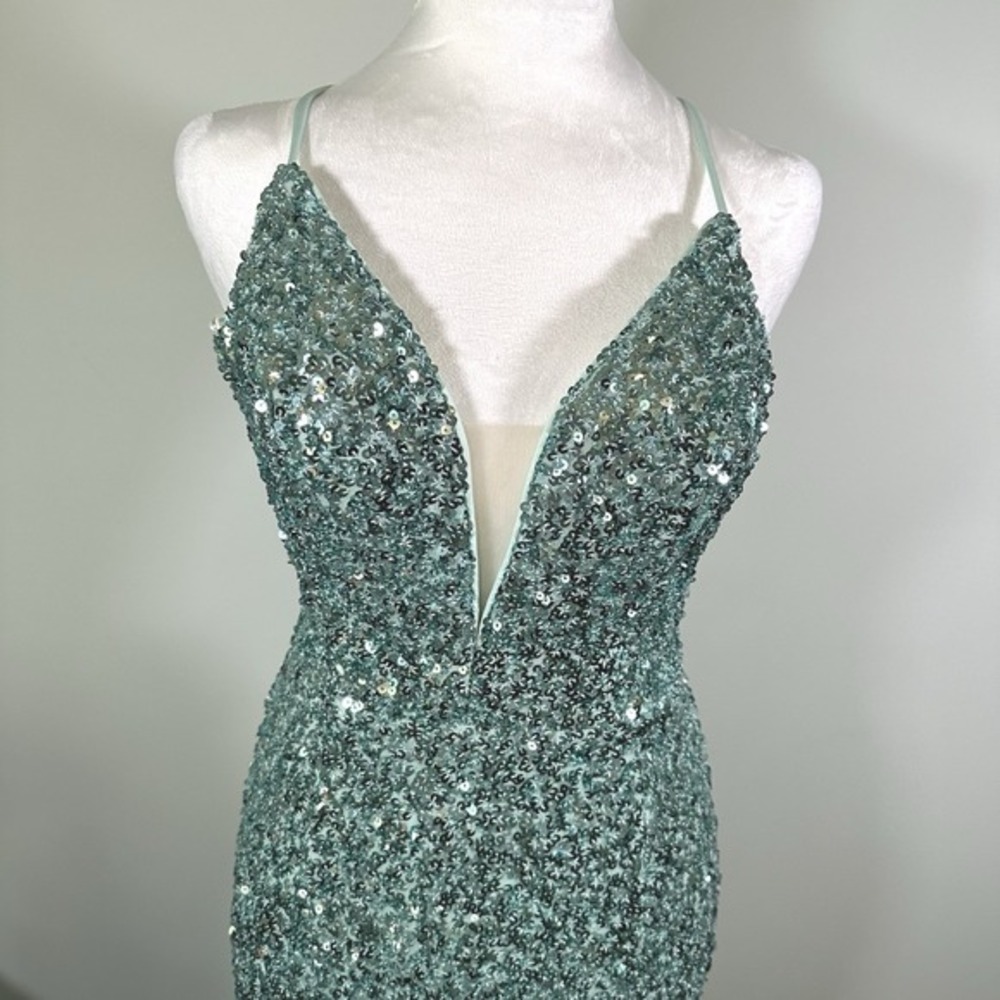 Sophia Thomas Formal Full Sequin Dress Size 0 Adjustable Prom Homecoming Mint Gr - Picture 6 of 9